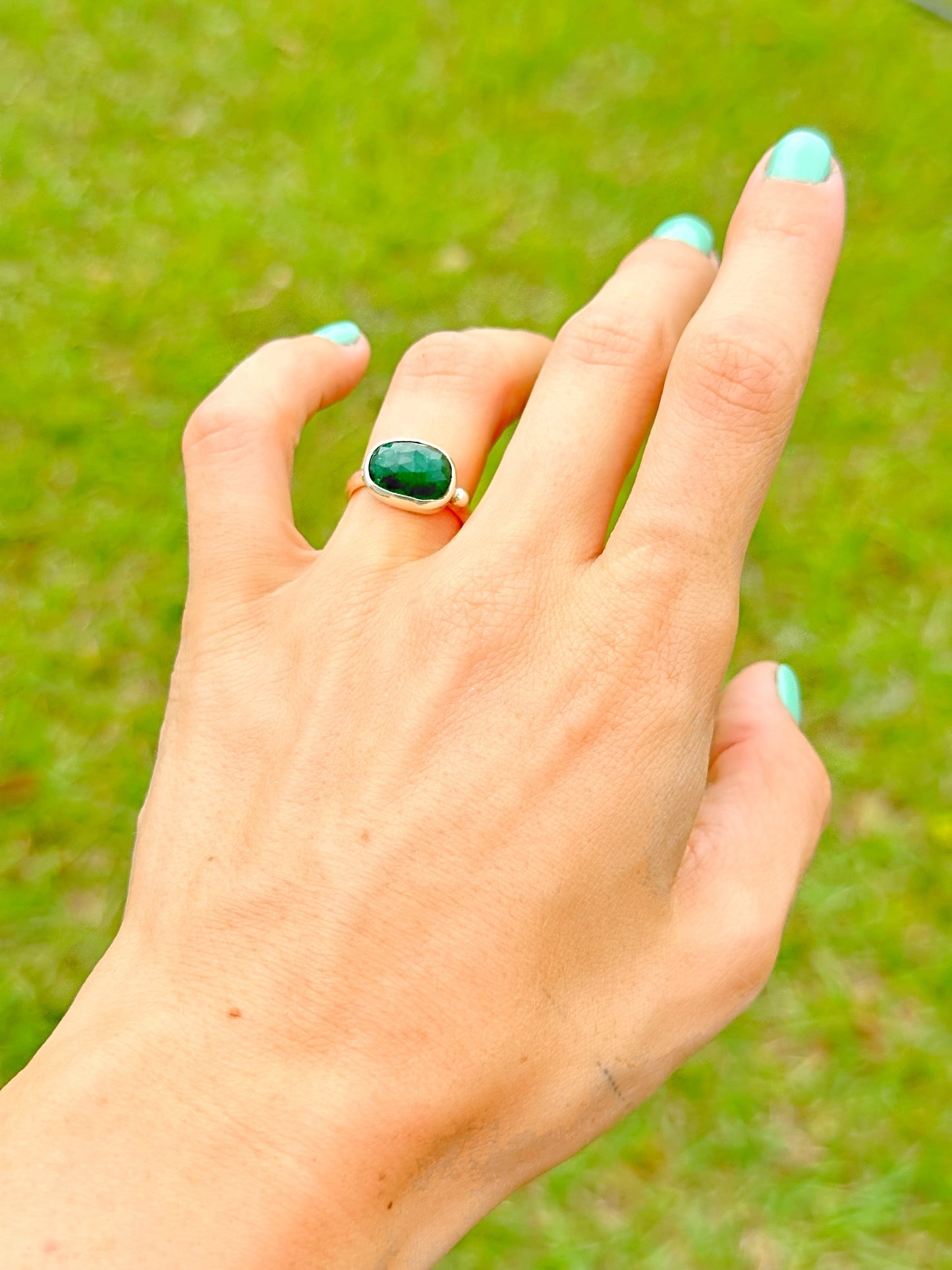 Handmade Rose Cut Emerald Ring with Silver Bead