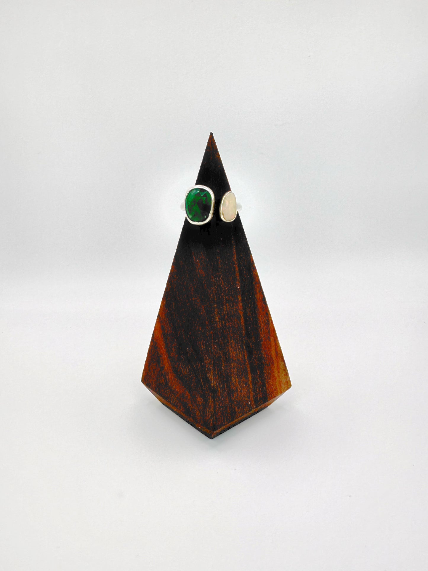 Handmade Rose Cut Emerald and Natural Fire Opal Cuff Ring