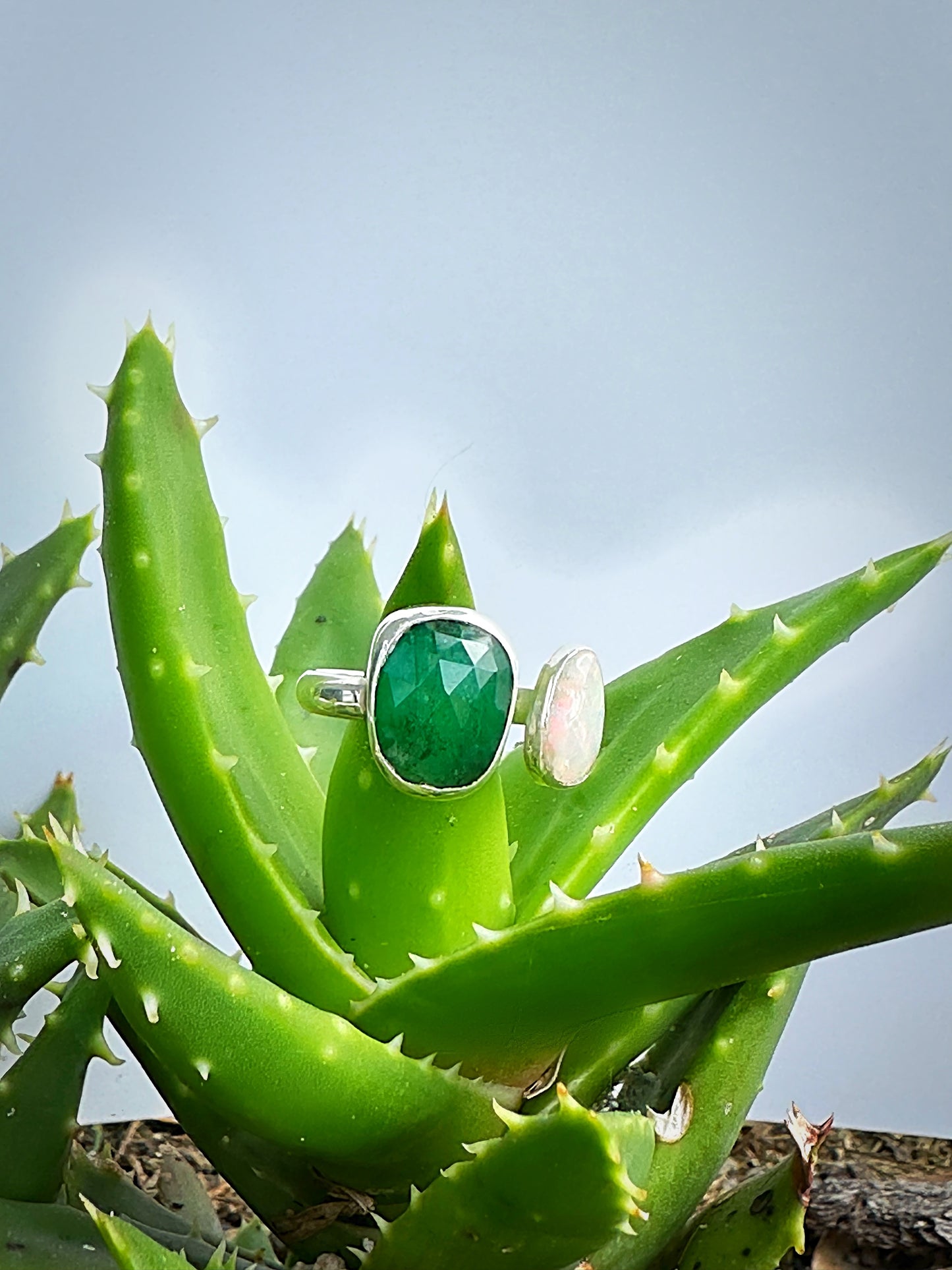 Handmade Rose Cut Emerald and Natural Fire Opal Cuff Ring